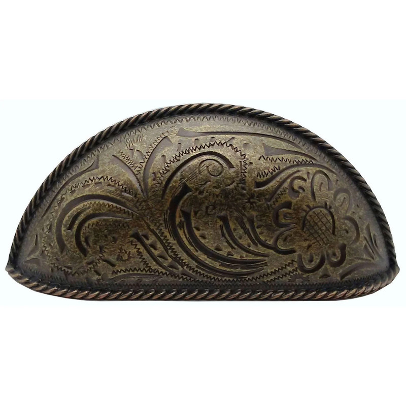 Engraved Flower Cup Pull, Brass Oxide